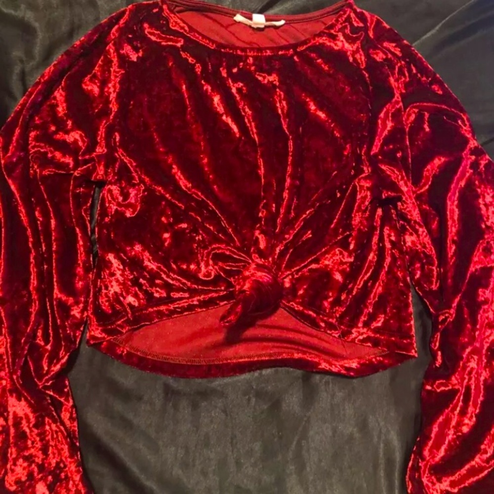 Red Velvet Knot Front Crop Top Long Sleeve Size Large (L)